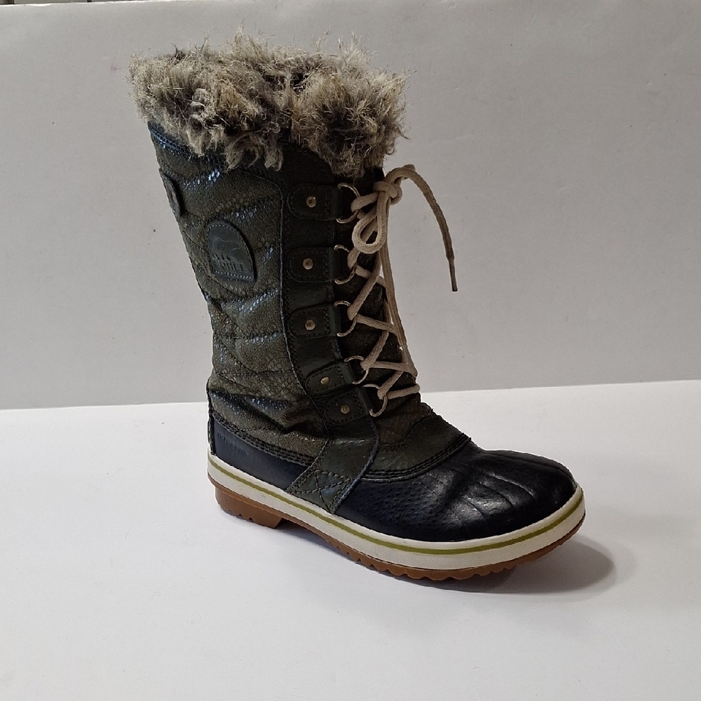 Sorel Women's Green Black Faux Fur Outdoor Winter Snow Lace Up Boots Size 5